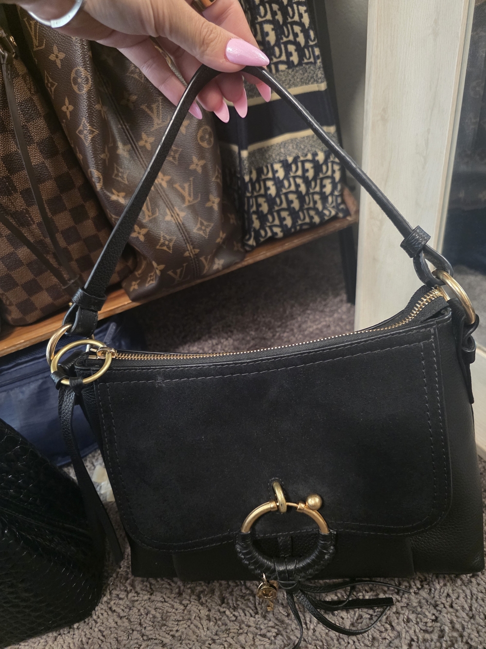 See By Chloe Black Joan Suede & Leather Shoulder Bag with Gold Ring Accent